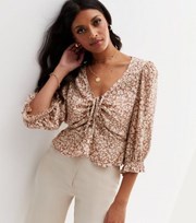 New Look Brown Ditsy Floral Ruched Tie Front Peplum Blouse